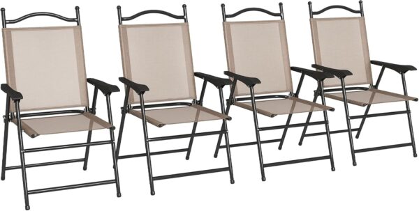 Folding Patio Chairs, Set of 4 Sports Chairs for Adults, Camping Chairs with Armrests, Breathable Mesh Fabric Seat for Lawn, Brown