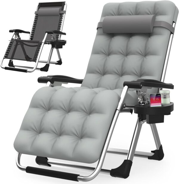 Zero Gravity Chair, Reclining Camping Lounge Chair w/Removable Cushion, Upgraded Lock and Cup Holder, Reclining Patio Chairs Folding Recliner for Indoor and Outdoor
