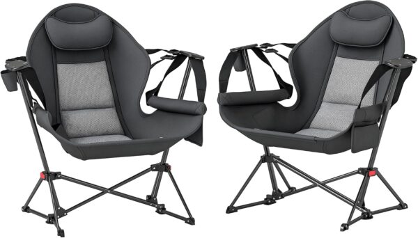 Double Hammock Camping Chair, Adjustable Back Folding Rocking Chair Swinging Hammock Chair with Cup Holder, Headrest and Padded Seat for Travel Sports Concerts Lawn Backyard, Gray