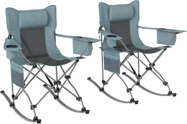 Folding Rocking Camping Chairs for Adults, Portable Outdoor Rocking Chairs with Headrest, Cooler Bag, Cup Holder, Carry Bag for Picnic Outside and Outdoor Travel, 2 Pack, Gray